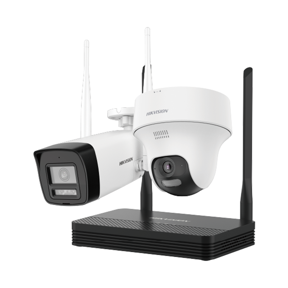 (DS-J142I/NKS424W02H) Kit de vidéosurveillance Wi-Fi Hikvision - Caméra bullet 4 Mpx IR 30 m - Caméra Turret 4 Mpx IR 25 m, lumière blanche 25 m - NVR 4 Canaux IP 6 Mpx - Objectif 2.8 mm (les deux caméras) - Micro intégré | MicroSD | 1 Disque dur