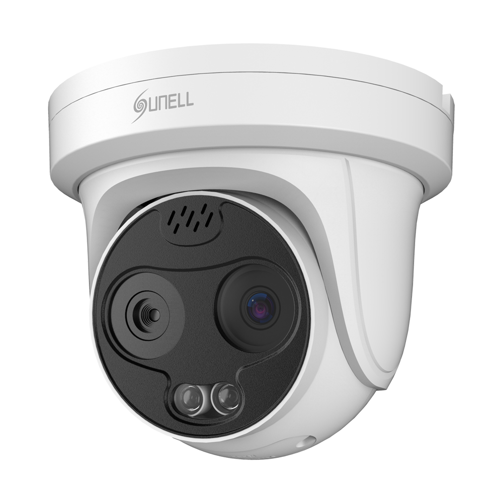 (SN-TPC2553CT-F3) Caméra IP « turret » à double spectre de Sunell - Capteur thermique 256x192 pixels de 12µm - Capteur visible 2560x1440 pixels de 1/2.7" - Objectif thermique 3.5mm - Sensibilité thermique ≤50mK (25°C,F1.0) - Précision : ±2ºC ou ±2%,, la valeur la plus élevée étant retenue