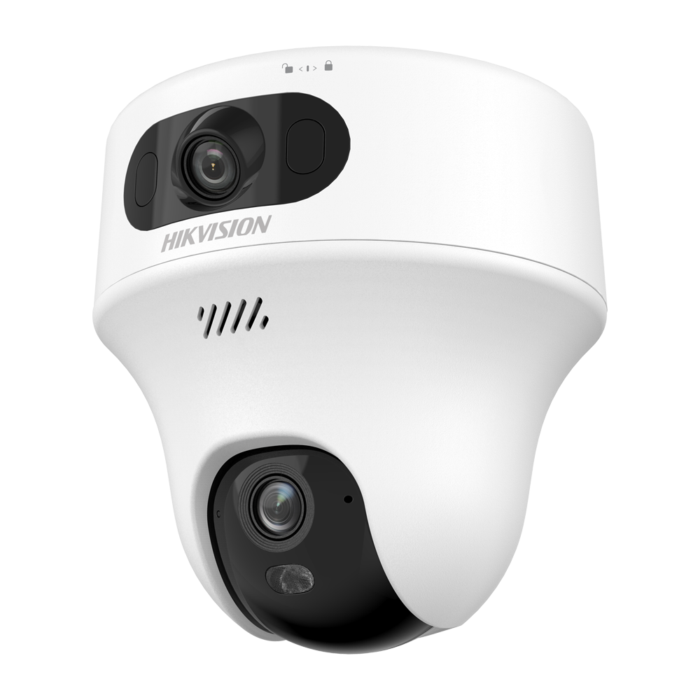 (DS-2CFWQ6-D(2.8+4mm)) Caméra IP PT de la gamme Value - 2 objectifs fixes: Objectif 1: 2.8 mm, Objectif 2: 4 mm - Résolution 6 Mpx ( 3+3 Mpx) - Wi-Fi IEEE802.11b/g/n | Éclairage hybride jusqu'à 10 m - Microphone et haut-parleur intégrés | DWDR - Détection de mouvement 2.0