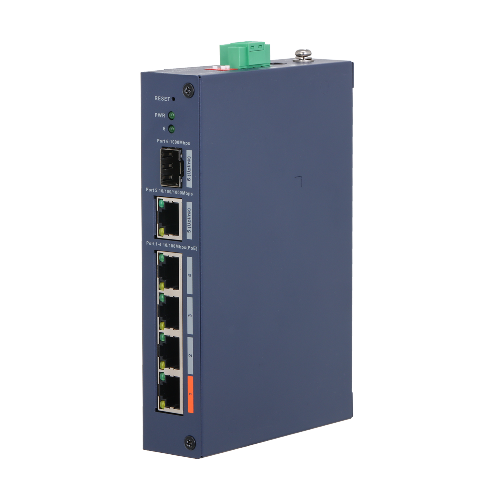 (XS-SWI0604HIPOE-MF-60-DIN) Commutateur géré X-Security Industrial L2 - 4 ports PoE 10/100 (port 1 Hi-PoE jusqu'à 60W) - Double liaison montante: 1x RJ45 Gigabit et 1x SFP Gigabit - Gestion centralisée via un environnement Web local - DIP Switch: Modo Extend (250m) et PoE Watchdog - Châssis blindé IP30 adapté au rail DIN