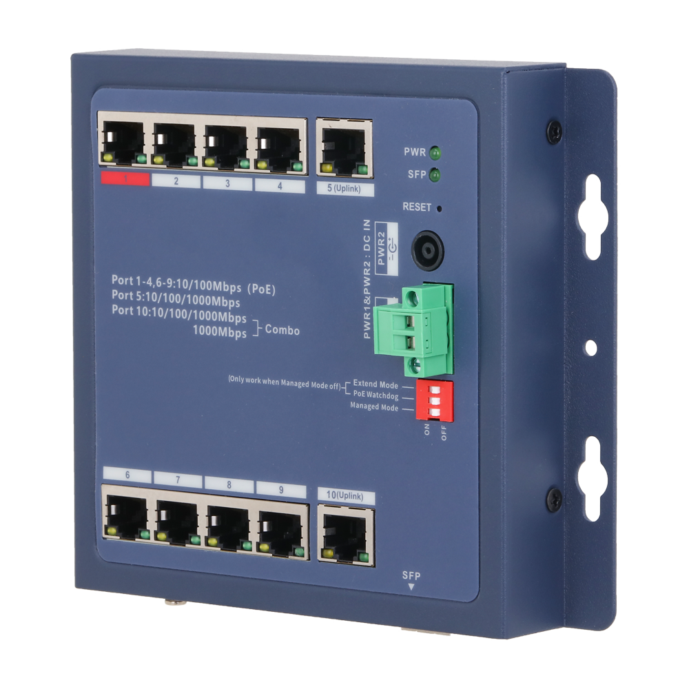 (XS-SWI1008HIPOE-MFC-90-DIN) Commutateur géré X-Security Industrial L2 - 8 ports PoE 10/100 (port 1 BT jusqu'à 90W) - Double liaison montante: 1x RJ45 Gigabit et 1x Combo Giga - Gestion centralisée via un environnement Web local - DIP Switch: Modo Extend (250m) et PoE Watchdog - Châssis blindé IP30 adapté au rail DIN