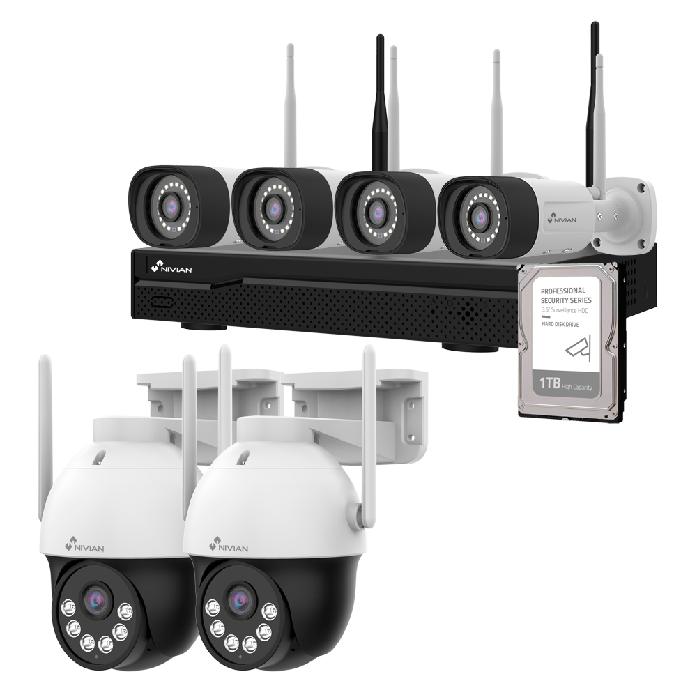 (NV-KIT1030W6-6MCAM-1TB) Kit CCTV WiFi Nivian - NVR 10 canaux - 4 caméras 3 Mpx pré-enregistrées - Convient pour une utilisation en extérieur IP66 - Inclut 1 Disque dur 1TB - Application et logiciel Eseecloud