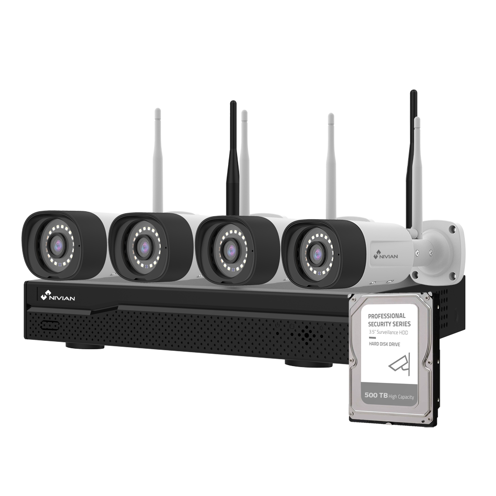 (NV-KIT1630W6-4CAM-500GB) Kit CCTV WiFi Nivian - NVR 16 canaux - 4 caméras 3 Mpx pré-enregistrées - Convient pour une utilisation en extérieur IP66 - Inclut 500GB Disque dur - Application et logiciel Eseecloud