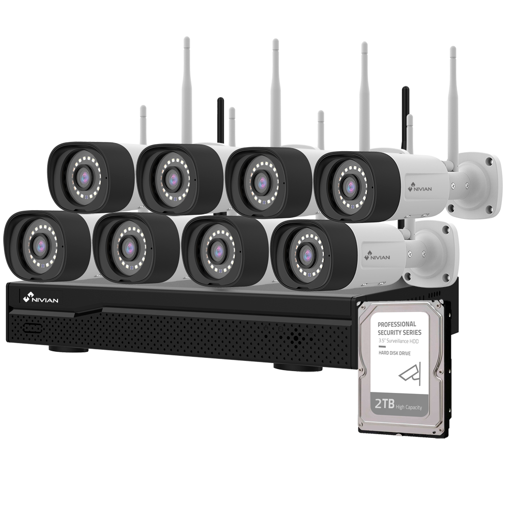 (NV-KIT1630W6-8CAM-2TB) Kit CCTV WiFi Nivian - NVR 16 canaux - 8 caméras 3 Mpx pré-enregistrées - Convient pour une utilisation en extérieur IP66 - Inclut 2TB Disque dur - Application et logiciel Eseecloud