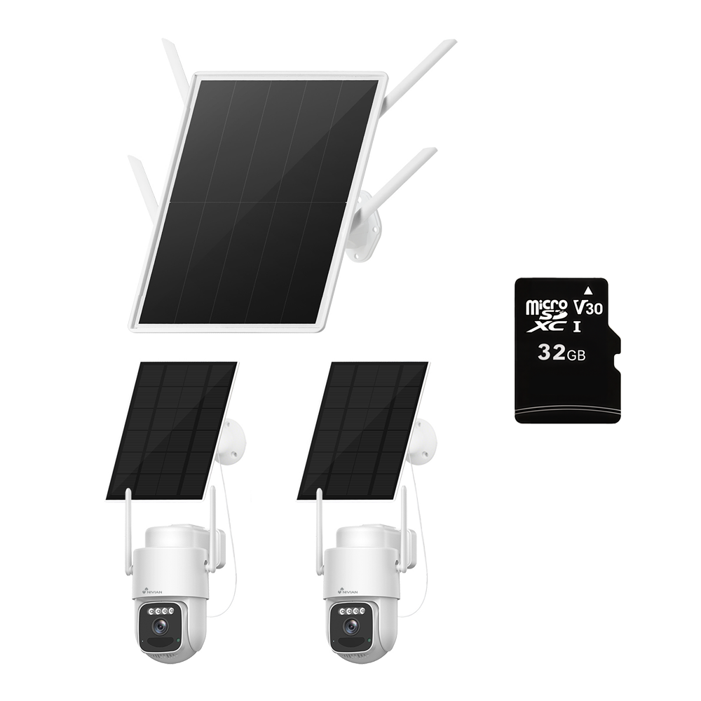 (NV-KIT4GSOLAR430-2CAM-32GB) Nivian Kit CCTV 4G Solar 4MP - NVR 4CH autónomo batería 30000mAh y panel 25W - Cámaras motorizadas PT 4MP con batería 7800mAh - Conexión 4G LTE Cat.4 y WiFi6 de doble banda - Incluye MicroSD 32GB - Gestión inteligente remota con la App EseeCloud