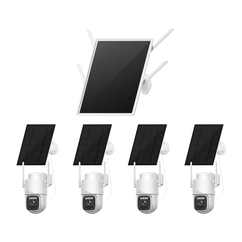 (NV-KIT4GSOLAR430-4CAM) Nivian Kit CCTV 4G Solar 4MP - NVR 4CH autónomo batería 30000mAh y panel 25W - Cámaras motorizadas PT 4MP con batería 7800mAh - Conexión 4G LTE Cat.4 y WiFi6 de doble banda - Soporta tarjeta MicroSD hasta 256GB - Gestión inteligente remota con la App EseeCloud