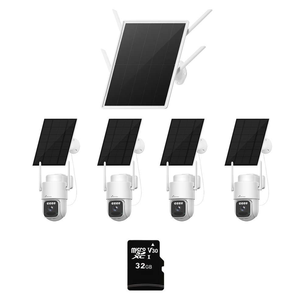 (NV-KIT4GSOLAR430-4CAM-32GB) Nivian Kit CCTV 4G Solar 4MP - NVR 4CH autónomo batería 30000mAh y panel 25W - Cámaras motorizadas PT 4MP con batería 7800mAh - Conexión 4G LTE Cat.4 y WiFi6 de doble banda - Incluye MicroSD 32GB - Gestión inteligente remota con la App EseeCloud