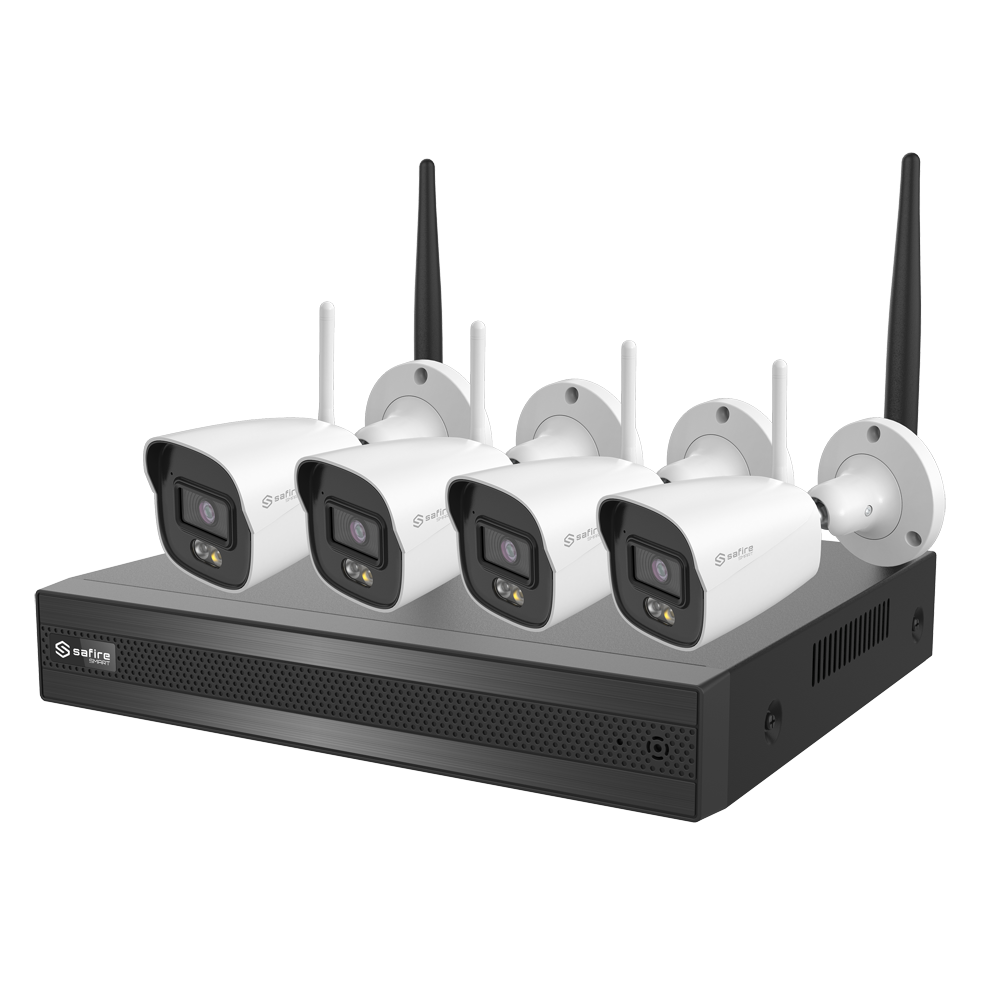 (SF-NVRKIT0108-4BCAMWIFI) Kit de vidéosurveillance sans fil Plug&amp;Play - 4 Caméras bullet 4Mpx à double éclairage pour l'extérieur - 1 NVR de 8CH et espace pour 1HDD - WiFi en cascade - Intelligence artificielle pour la détection des personnes et des véhicules - Compatible avec l'application Safire Smart