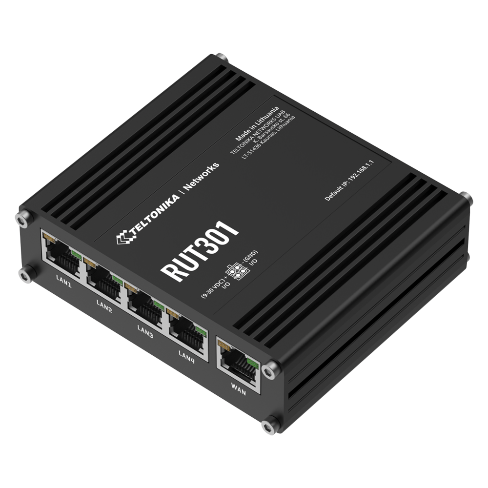 (TK-RUT301) Router industrial con 5 puertos RJ45 10/100 Mbps - Ecosistema IoT: Modbus, MQTT, OPC UA y BACnet - Túneles VPN: OpenVPN, IPsec, WireGuard y más - Sistema RutOS con seguridad y Firewall avanzado - Incluye 2 pines de entrada/salida digital (I/O) - Chasis de aluminio resistente de -40 °C a 75 °C