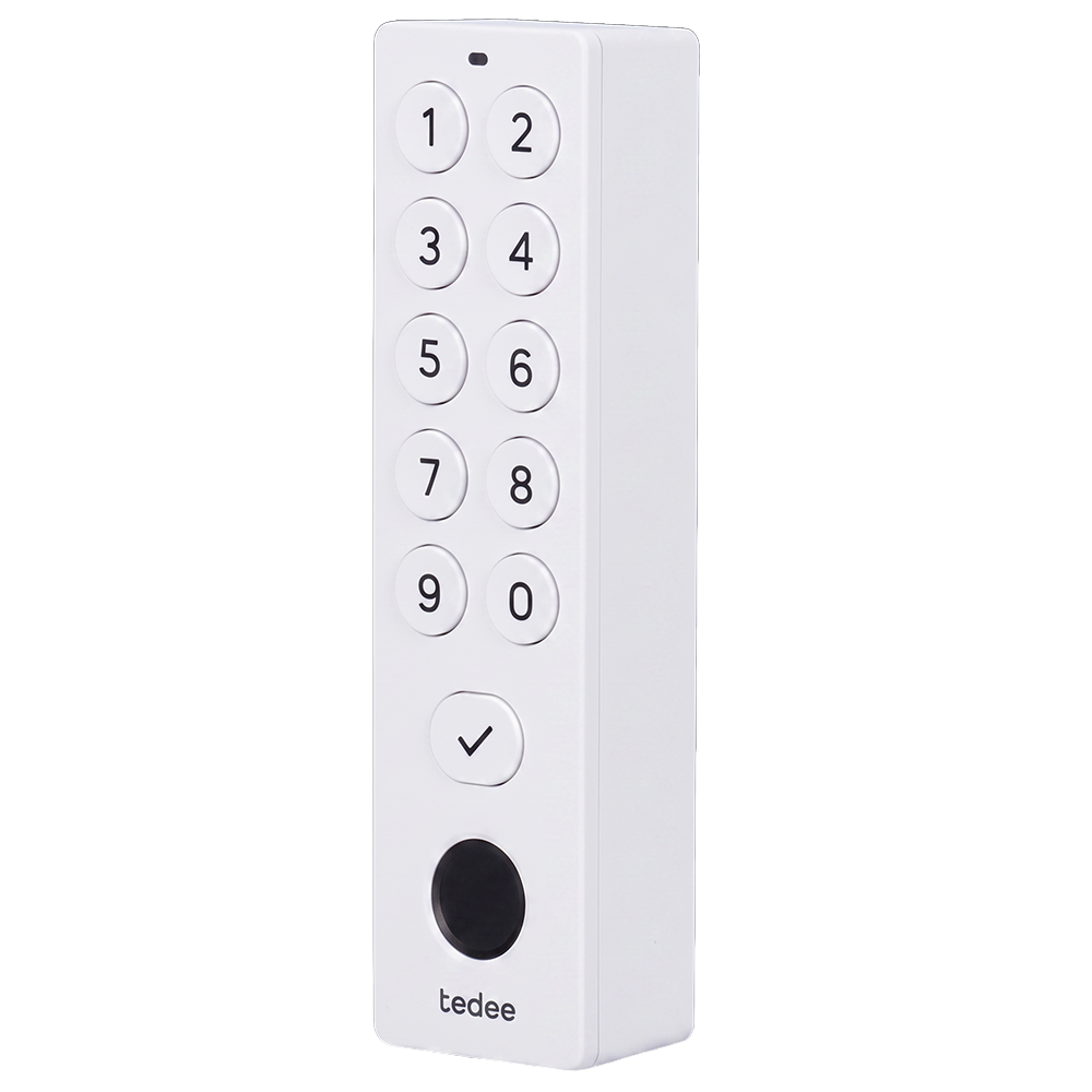 (TEDEE-KEYPADPRO-WHITE) Accessoire clavier - Communication Bluetooth - Ouverture et fermeture par code PIN ou empreinte digitale - Codes à usage unique ou temporaires - Alimenté par quatre piles AAA - Compatible avec TEDEE-PRO et TEDEE-GO2