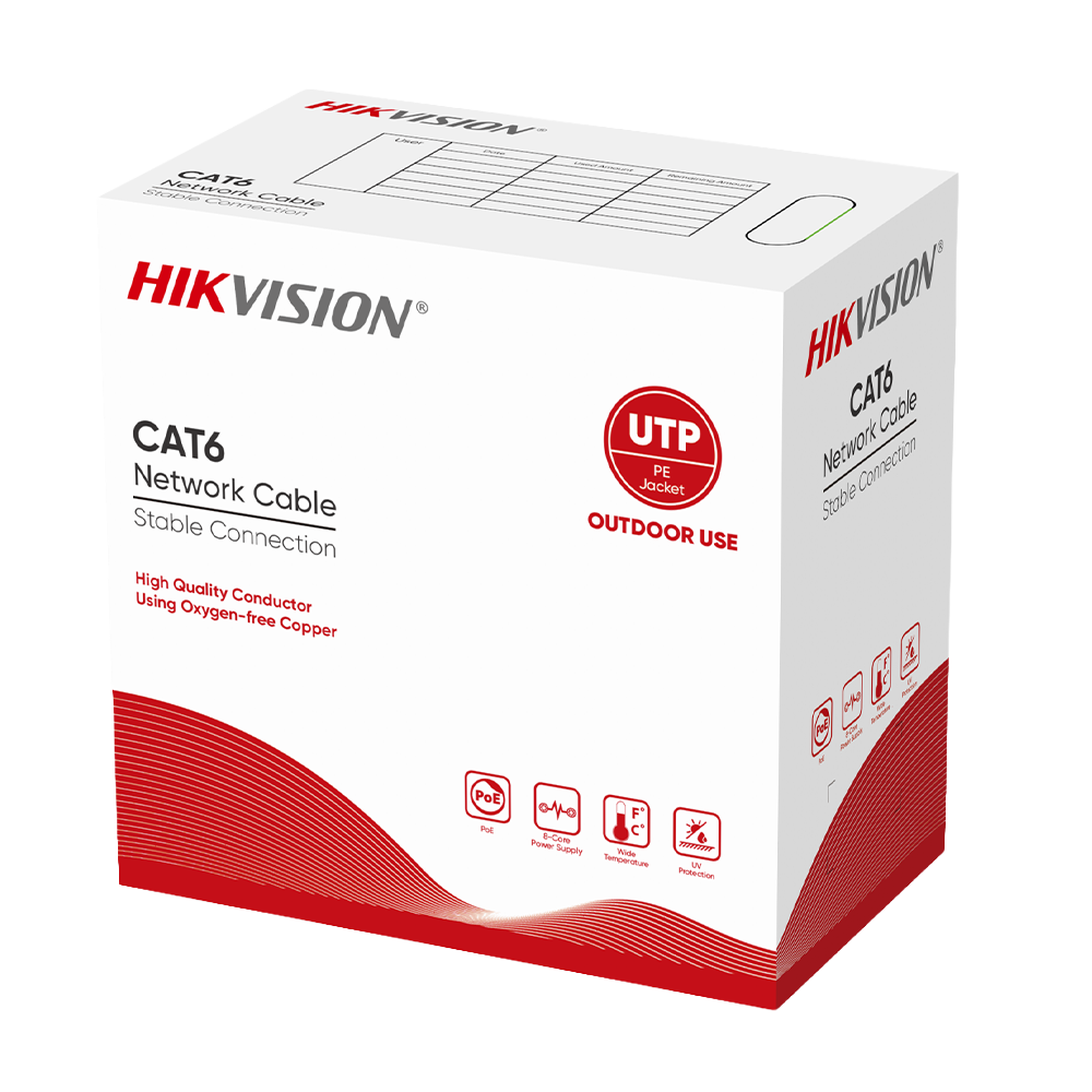 (DS-1LN6OUSPE black 305m) Catégorie 6 de câble UTP Hikvision - Conducteur OFC, 99,5% cuivre - Diamètre 23 AWG-0,56mm - Livré dans une boîte en carton de 305m - Gaine Noire