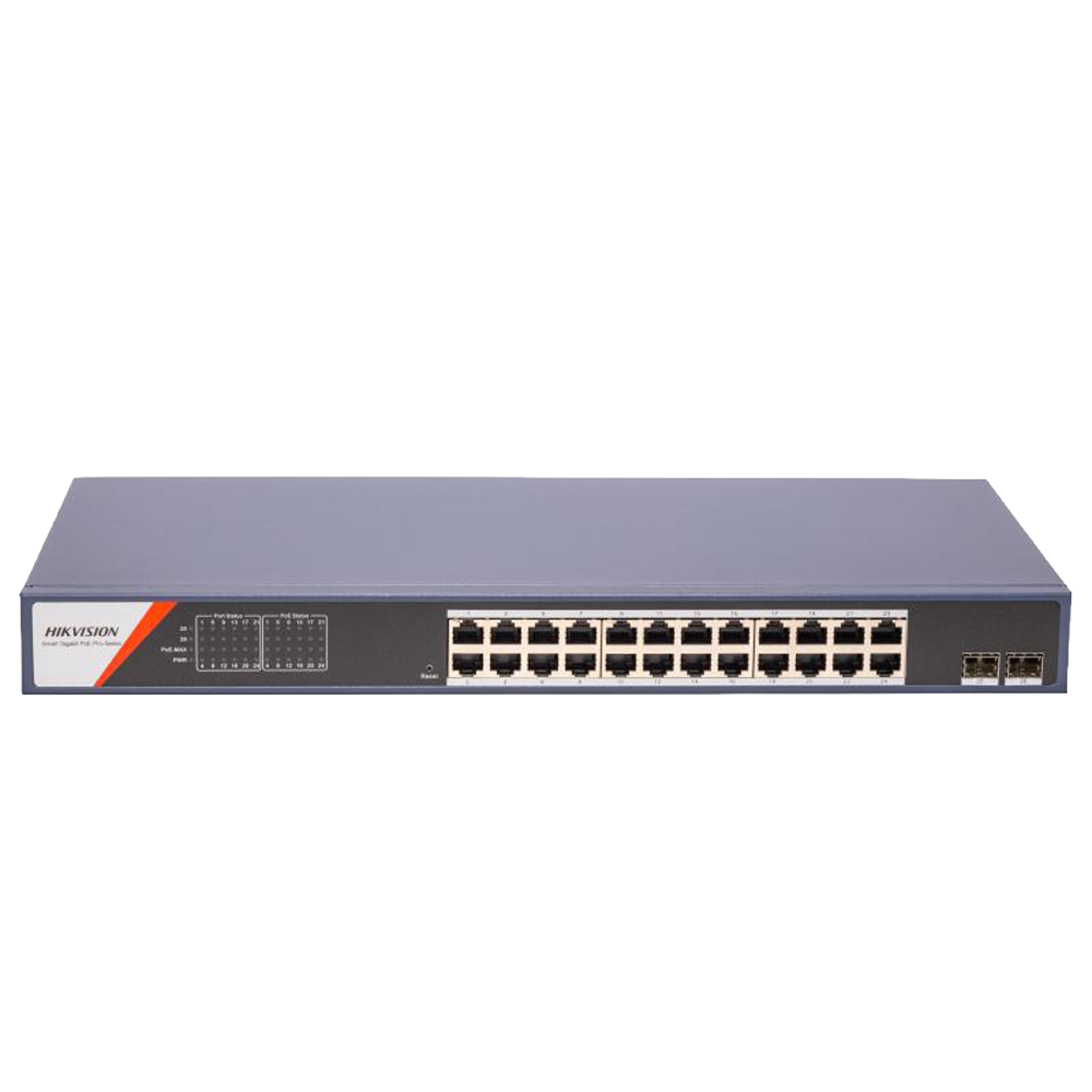 (DS-3E1526P-SI-24P2F) Switch PoE Manageable Hikvision - 24 ports PoE Gigabit + 2 liaisons montantes optiques SFP - Débit Gigabit 10/100/1000 Mbps par port - Puissance de 30W par port / Maximum 370W - Contrôle centralisé via Hik-Partner Pro - Prévention des boucles STP, RSTP et G.8032 ERPS