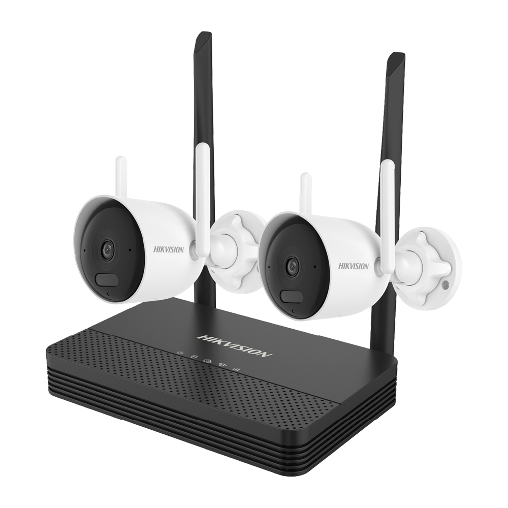 (DS-J142I/NKS424WBH) Kit de vidéosurveillance Wi-Fi Hikvision - 2 Caméras bullet 4 Mpx | Objectif 2.8 mm - Portée des IR  et de la lumière et blanche 30 m - Microphone et haut-parleur intégrés | IP66 - NVR  4  canaux IP - Emplacement pour 2 MicroSD
