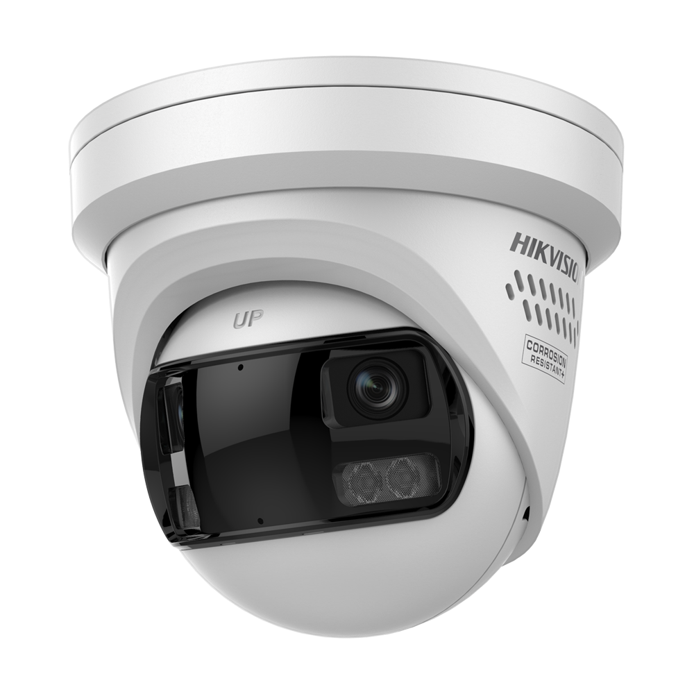 (DS-2CD23127G3P-LIS2UY/SL(180°)) Caméra IP panoramique de type « turret » 180º gamme PRO - Resolution 12 Mpx | Objectif 2 x 2.8 mm (180º) - Éclairage hybride 30m | Sirène et flash dissuasifs - Audio | Alarmes | 130 dB WDR | MicroSD - Détection de mouvement 3.0 | AcuSense 3.0 - PoE+ | Indice de protection IP67 et NEMA 4X