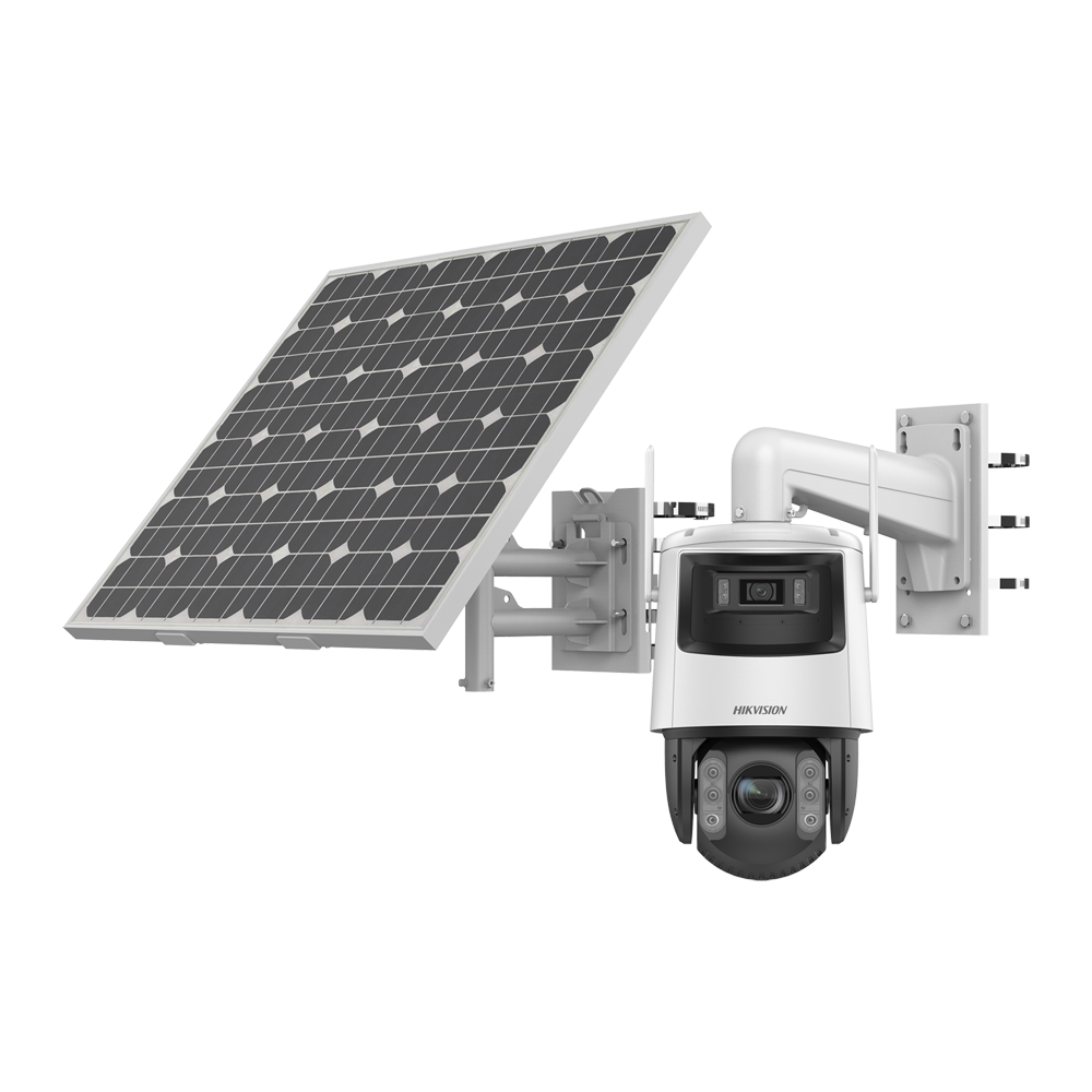 (DS-2SE7C432IWG-K/4G/14(F0)) Caméra tandem IP gamme SOLUTIONS Hikvision - Double objectif (fixe 4Mpx + PTZ 4Mpx)) - Objectif PTZ 5.9~188.8 mm 32X | IR 200 m - Objectif fixe 2.8 mm | IR 30 m | Alarmes | Audio - Capture du visage | Suivi intelligent | 4G | Micro SD - Panneau solaire et batterie | IP66 | IK10