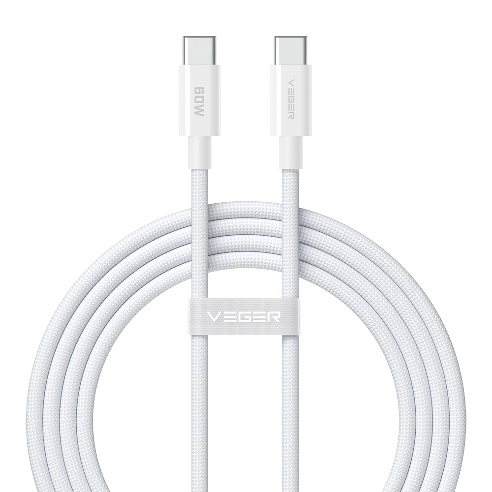 (VG-CC06-FPG) Veger - Cable USB 2.0 para cualquier dispositivo - USB-C a USB-C - Cubierta de metal, Nylon trenzado con ABS - Carga rápida PD 60W | 480Mbps - Longitud 1.2m | Color blanco