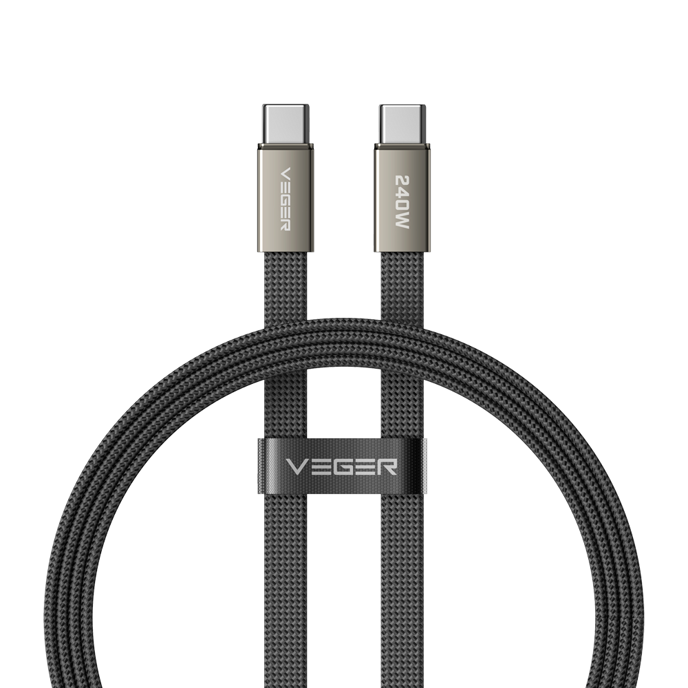 (VG-CC2-MTB) Veger - Cable USB 2.0 para cualquier dispositivo - USB-C a USB-C - Cubierta de metal, Nylon trenzado con ABS - Carga rápida PD 240W | 480Mbps - Longitud 1.5m | Color negro