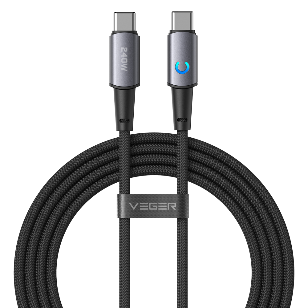 (VG-CC2-ZSD) Veger - Cable USB 2.0 para cualquier dispositivo - USB-C a USB-C - Conector de aleación de aluminio con LED - Carga rápida PD 240W | 480Mbps - Longitud 1.5m | Color negro