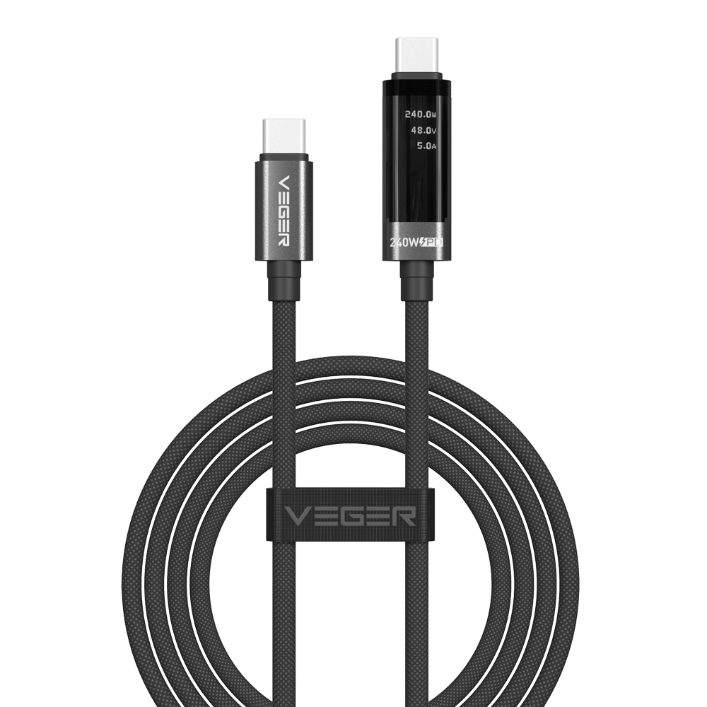 (VG-DC120-CC1.5) Veger - Cable USB 2.0 para cualquier dispositivo - USB-C a USB-C - Conector con display multifunción - Carga rápida PD 240W | 480Mbps - Longitud 1.5m | Color negro