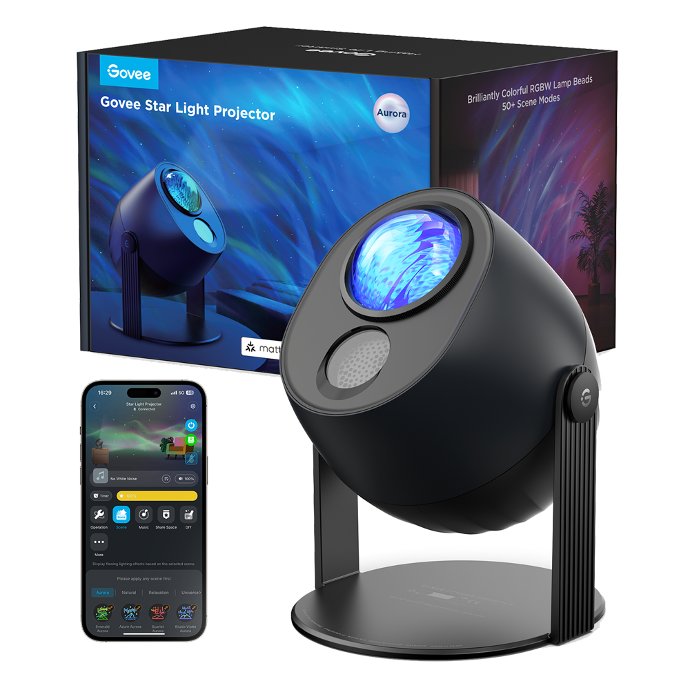 (GV-PJECT-H6093-STAR) Projecteur lumineux Govee Star - Wi-Fi 2.4 GHz + Bluetooth - Couleur RVBW / 16 millions de couleurs - 18 Sons de bruit blanc - Matter / Homekit / Alexa / Google Home - Pour intérieur