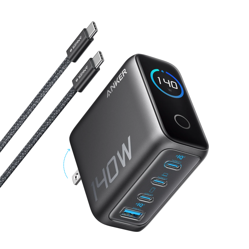 (ANK-2697-140W1A3C-G) Anker - Cargador USB plegable - Potencia 140W | Display inteligente - Carga rápida | Tecnología GaN - Salidas 1x USB-A, 3x USB-C - Color gris | Cable 1.5m incluido
