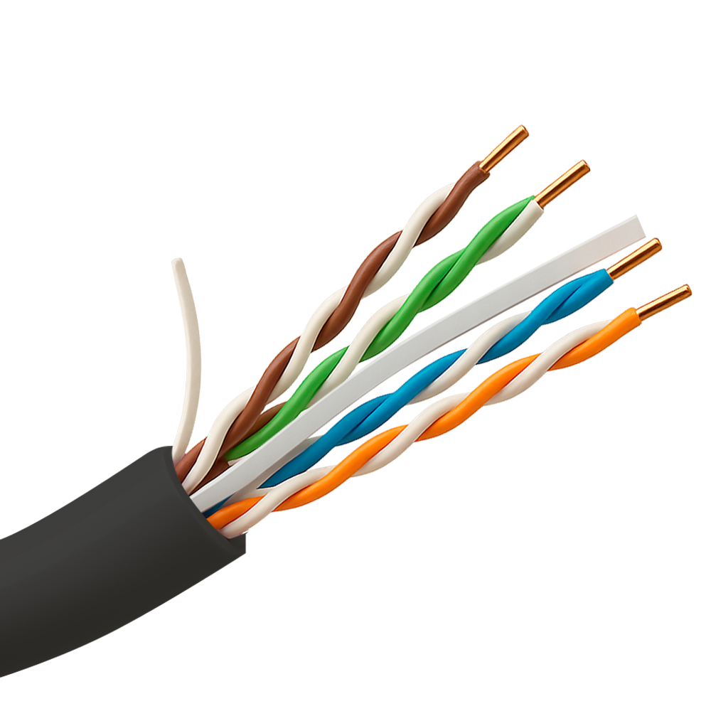 (UTP6-100-BC-OUTDOOR) Bobine de câble réseau de catégorie 6 (CAT6)  - Conception U/UTP de 4 paires torsadées 24 AWG  - Revêtement extérieur en PE noir très résistant  - Croisillon central de séparation (réduit la diaphonie)  - Prend en charge les réseaux Gigabit Ethernet (1000Base-T/TX)  - Livré en boîte ou en bobine de 100 mètres