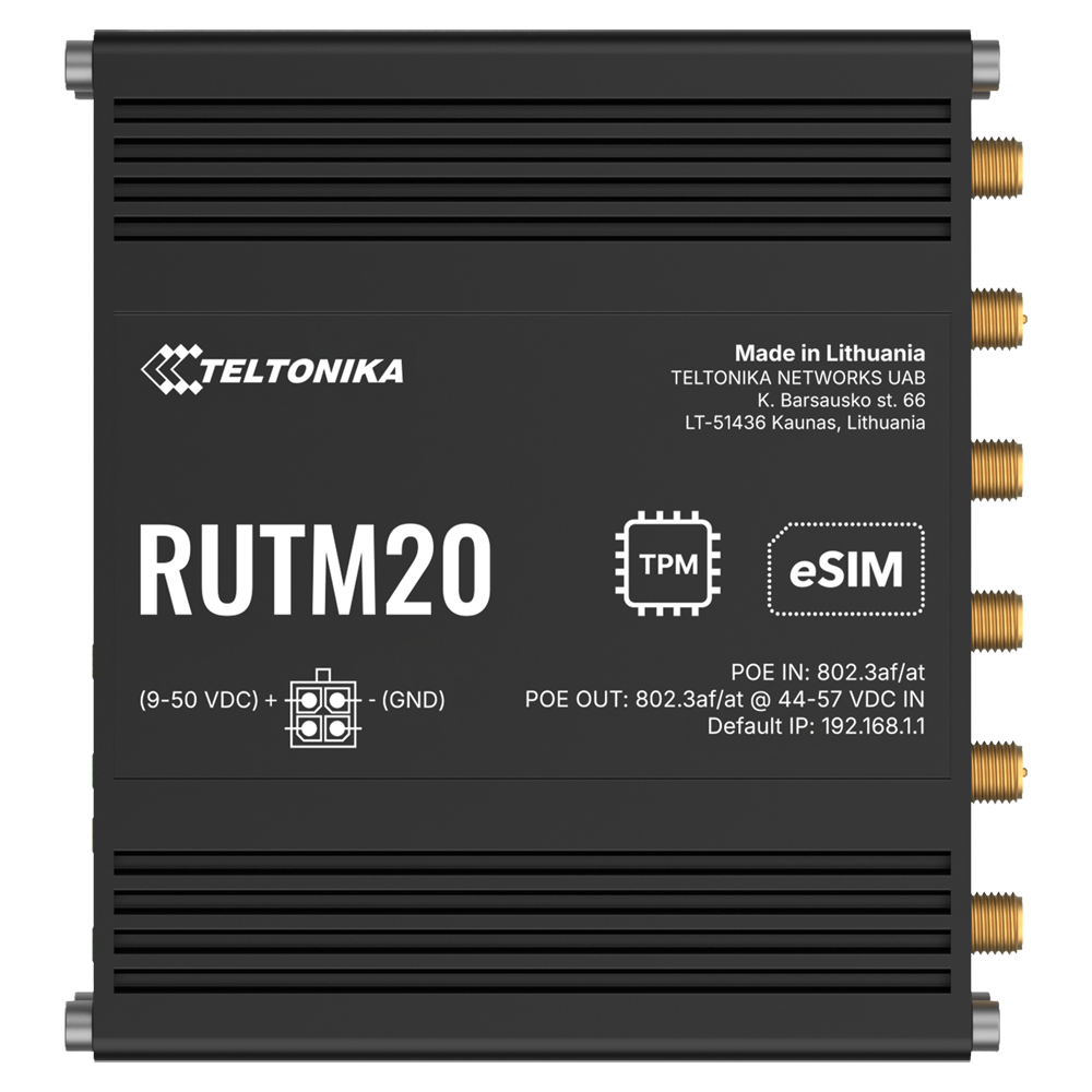 (TK-RUTM20-ESIM) Conectividad móvil 5G SA/NSA y perfil eSIM - Doble SIM física y eSIM con failover - Puertos Gigabit con soporte PoE-in y PoE-out - Punto de acceso Wi-Fi 5 Wave 2 con Mesh - Protocolos industriales Modbus, BACnet y DNP3 - Chip de seguridad criptográfico TPM 2.0