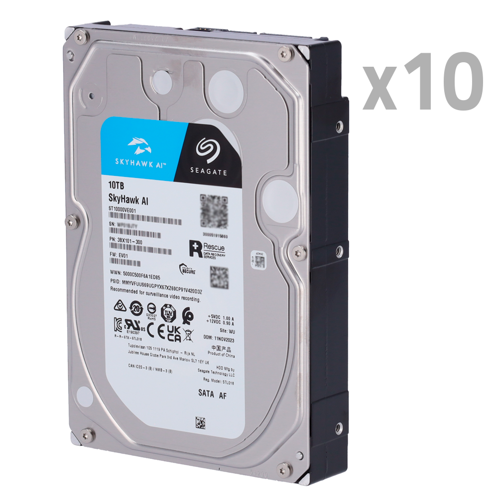 (10XHD10TB-S-AI) Pack de disques durs - 10 unités - Seagate SkyHawk ST10000VE0008  - Jusqu'à 32 transmissions d'intelligence artificielle - 10 TB de stockage - Spécial pour vidéosurveillance activée par intelligence