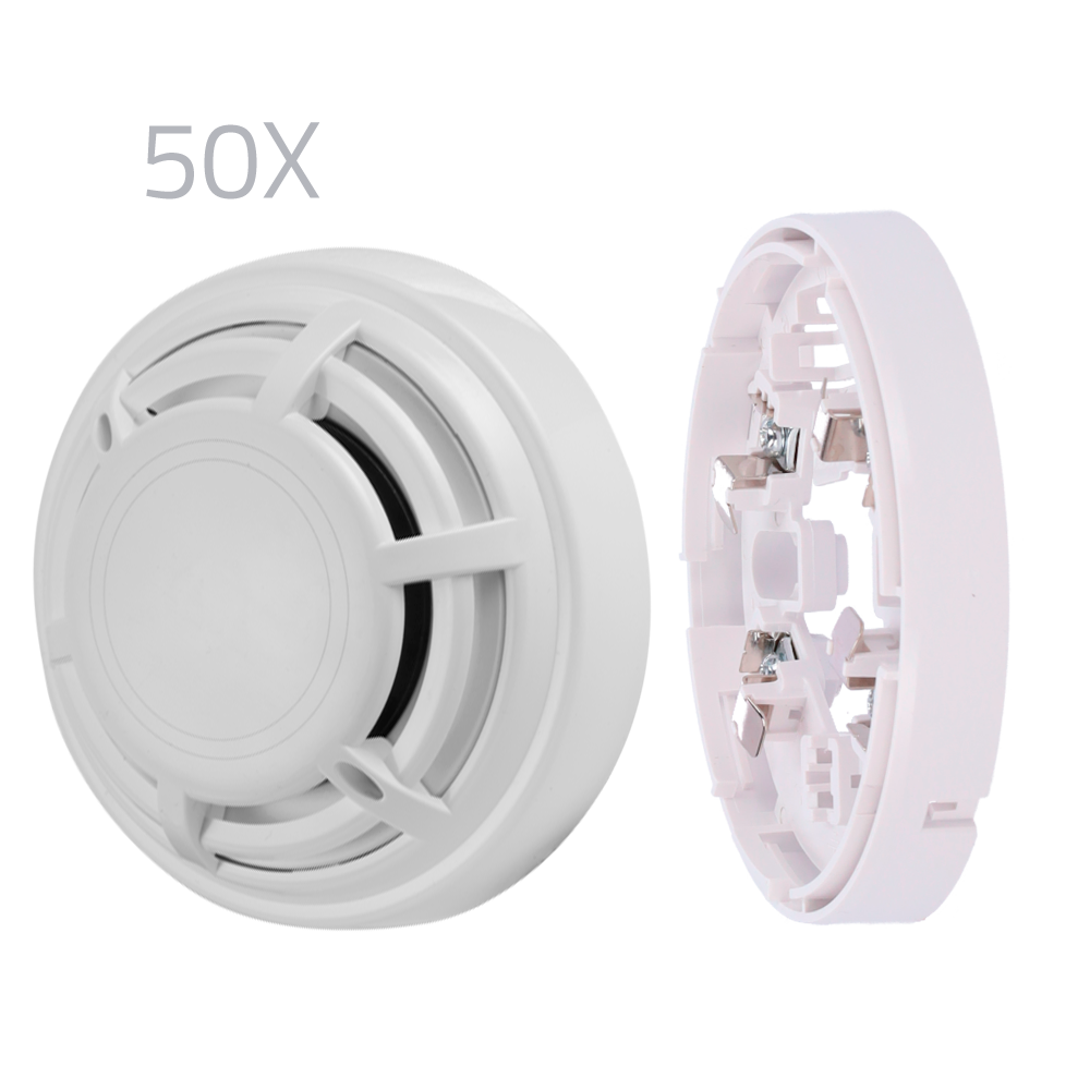 (50XKIT-DMT-HEAT) Kit incluant 50 détecteurs thermiques et [%VAR%] bases DMTech - Détecteur thermovélocimétrique conventionnel - Certificat EN54 partie 5 - Double LED d'alarme pour sa visualisation depuis n'importe quel endroit - Fabriqué en matériel ABS résistant à la chaleur - Base à profil bas