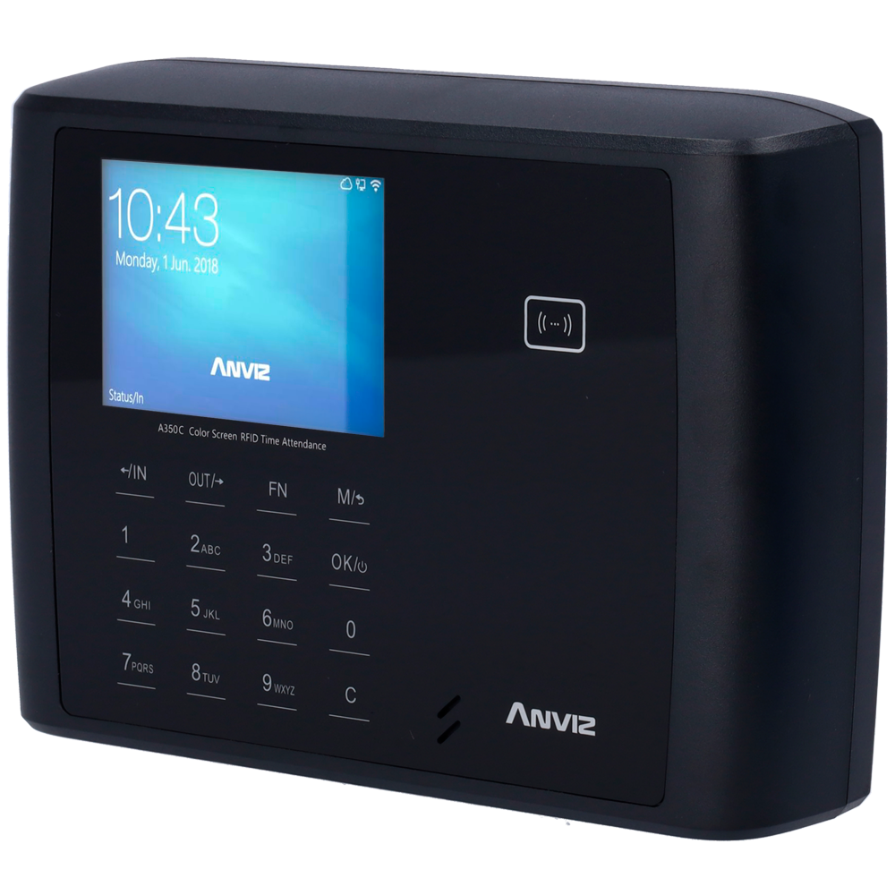 (A350C-BT-WIFI) Control de presencia - Tarjeta EM/MF y PIN - 3.000 usuarios | 100.000 registros - TCP/IP, WiFi, Bluetooth, USB y RS485  - 3.5" TFT | Salida de relé para sirena - CrossChex Standard / Cloud / Mobile