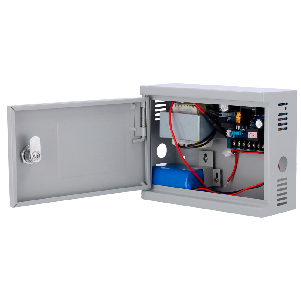 (AC-12DC2A-BAT) Alimentation pour le contrôle d'accès - Configurable NO/NF - Sortie CC 13.5V / 2A - Boîte métallique verrouillable - Batterie de secours au lithium 12V / 7Ah incluse - Montage en superficie