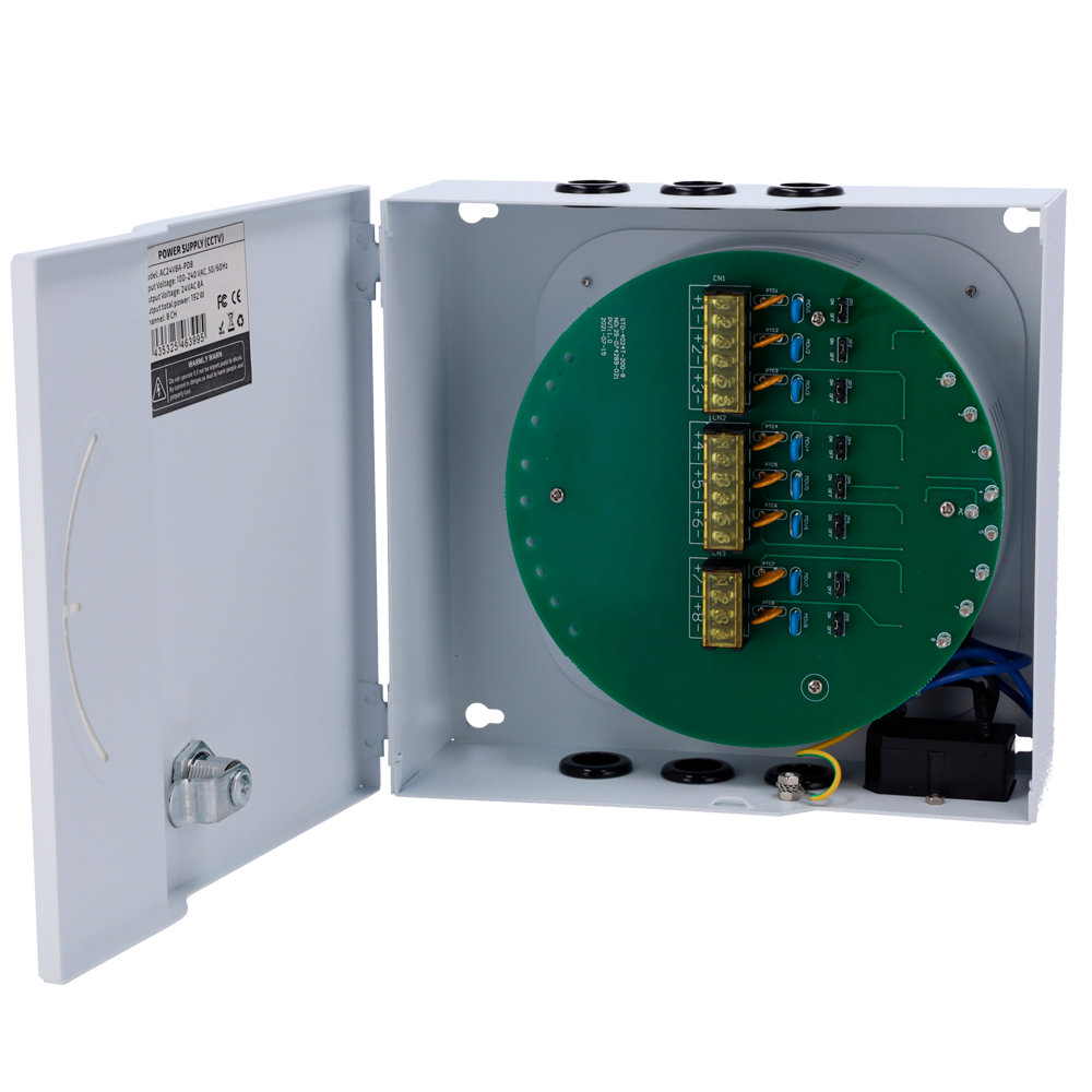 [AC24V8A-PD8] (AC24V8A-PD8) Boîte de distribution d'alimentation  - Entrée AC 100-240 V 50/60 Hz  - 8 canaux - Protection par fusible PTC rearmable - Tension de sortie 24 V / 8A - Caisson metalique