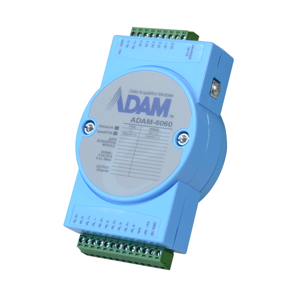 (ADAM-6060-B) Module d'acquisition et de contrôle des données - 6 entrées numériques / 6 sorties relais - Protocoles: Modbus/TCP, TCP/IP, UDP, HTTP,... - Possibilité de créer des règles de contrôle analogique - Serveur web intégré - 1 Port Ethernet 10/100 Base-TX