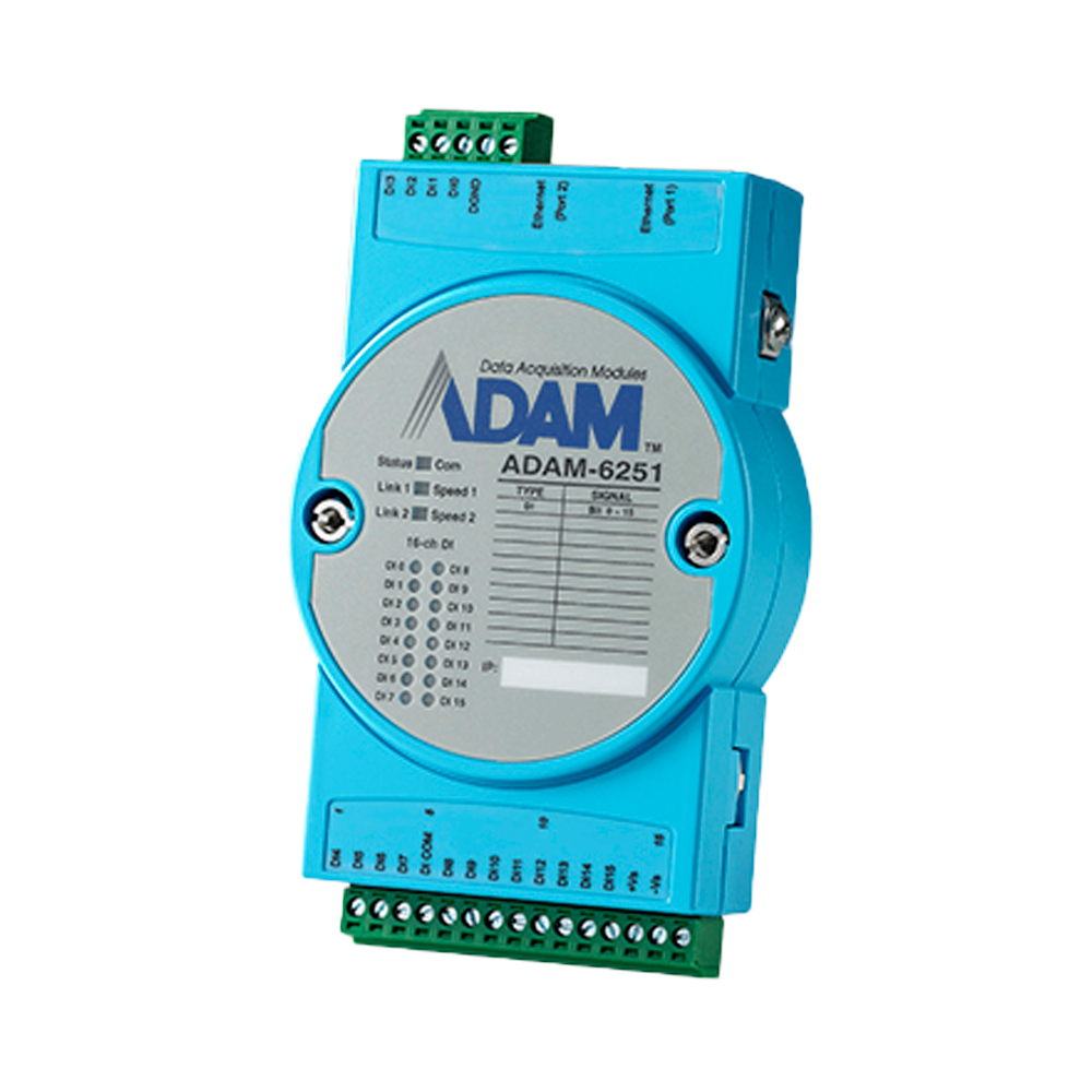 (ADAM-6251-B) Module d'acquisition et de contrôle des données - 16 entrées numériques - Protocoles: Modbus/TCP, TCP/IP, UDP, HTTP,... - Possibilité de créer des règles de contrôle analogique - Serveur web intégré - 2 Ports Ethernet 10/100 Base-TX