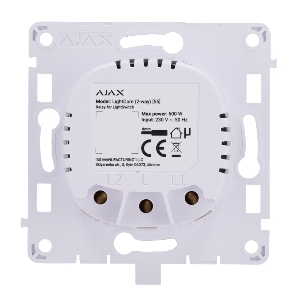 (AJ-LIGHTCORE-2W) Relais pour interrupteur d'éclairage - Sans fil 868 MHz Jeweller - Portée de communication jusqu'à 1100 m - Alimentation électrique 230 V CA 50 Hz - Pas besoin de câble neutre - Ajax - LightSwitch LightCore (2 Way)