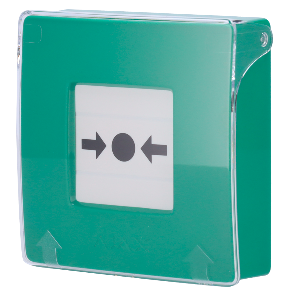 (AJ-MANUALCALLPOINT-GREEN) Bouton d'alarme incendie manuel vert - Sans fil 868 MHz Jeweller - Bouton d'alarme incendie ou activateur de scénario - Compatible avec la fonction d'alarme interconnectée - Transmission de l'alarme à l'ARC (configurable) - Alimentation 2 piles CR123A