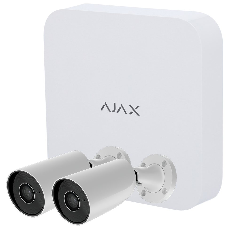 (AJ-NVRKIT108-2XBULLET-W) Kit de vidéosurveillance Ajax - Enregistreur Ajax de 8 canaux   - 2 caméras Bullet de 5 Mpx Ajax - LED IR Portée 50m, PoE 802.3at - Avec l'intelligence artificielle - Compatible avec ONVIF/RTSP