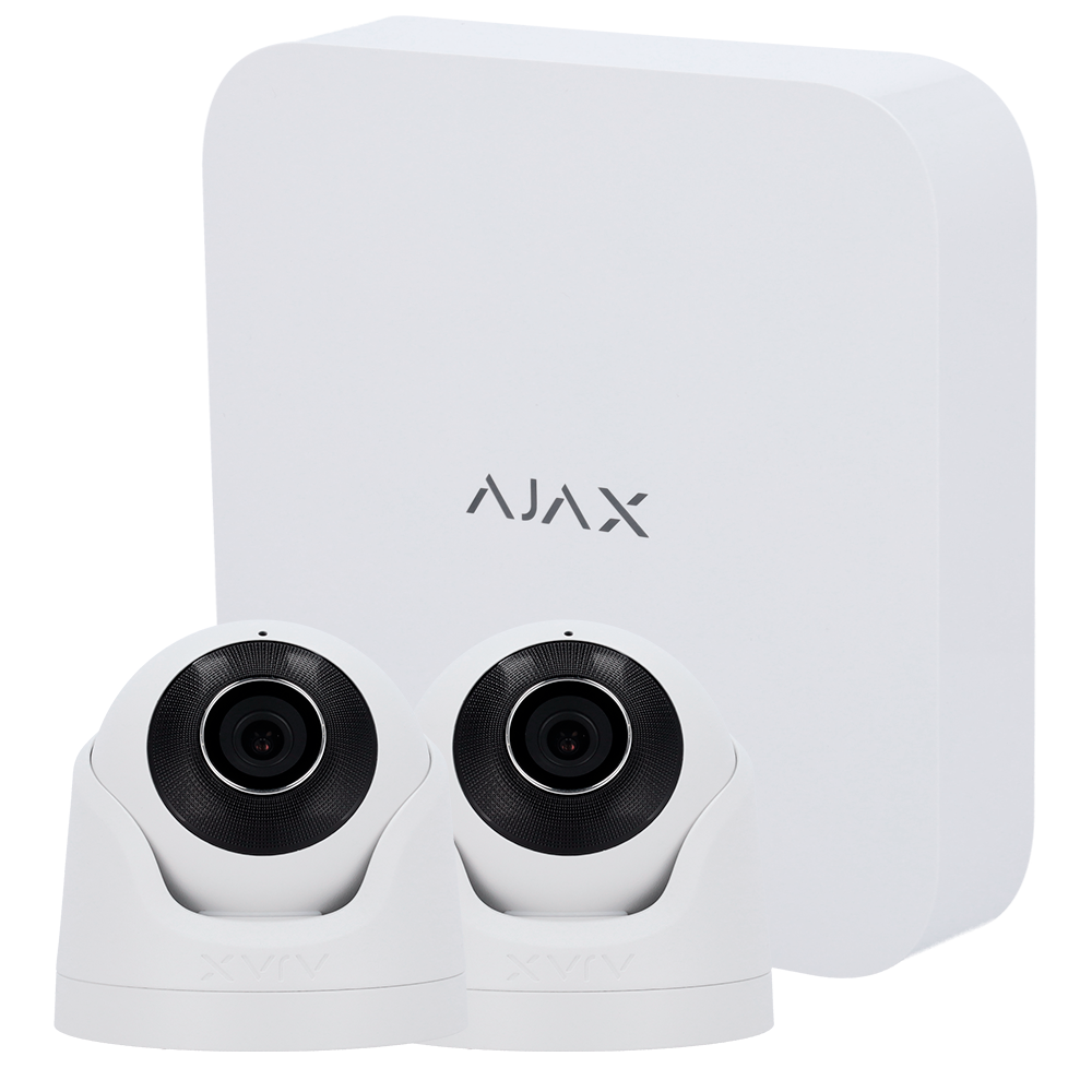 [AJ-NVRKIT108-2XTURRET-W] (AJ-NVRKIT108-2XTURRET-W) Kit de vidéosurveillance Ajax - Enregistreur Ajax de 8 canaux   - 2 caméras Turret de 5 Mpx Ajax - LED IR Portée 50m, PoE 802.3at - Avec l'intelligence artificielle - Compatible avec ONVIF/RTSP