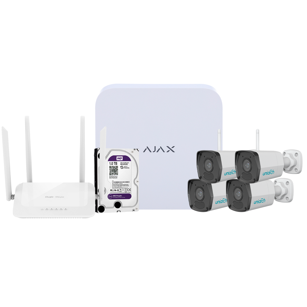 (AJ-NVRKIT108B-2W) Kit de vidéosurveillance Ajax - Enregistreur Ajax de 8 canaux   - 4 caméras Bullet Wi-Fi de 2 Mpx Uniarch - Routeur Wi-Fi de 4 puertos - Un disque dur de 1 To - Intégration via ONVIF