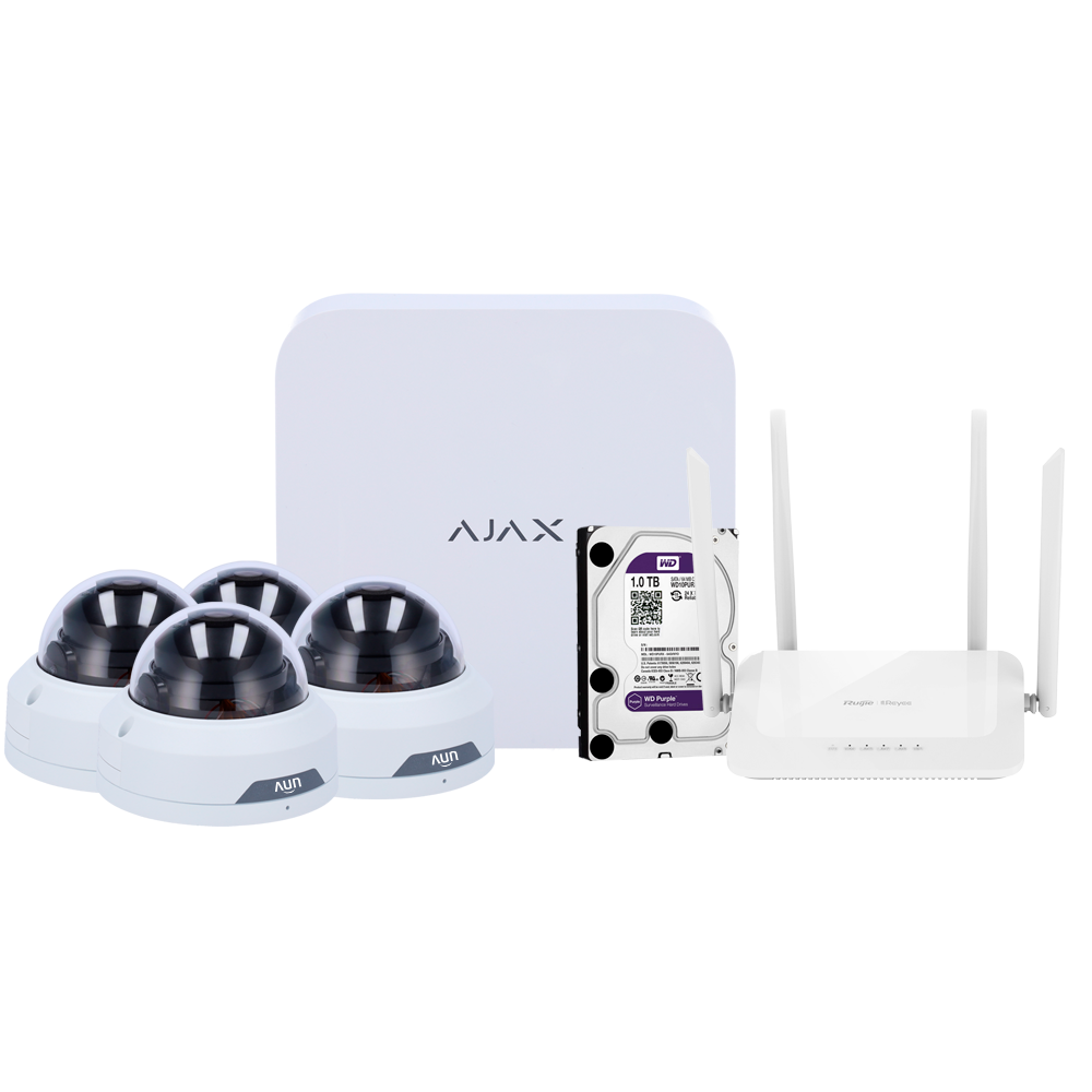 [AJ-NVRKIT108T-2W] (AJ-NVRKIT108T-2W) Kit de vidéosurveillance Ajax - Enregistreur Ajax de 8 canaux   - 4 caméras Turret Wi-Fi de 2 Mpx Uniview - Routeur Wi-Fi de 4 puertos - Un disque dur de 1 To - Intégration via ONVIF