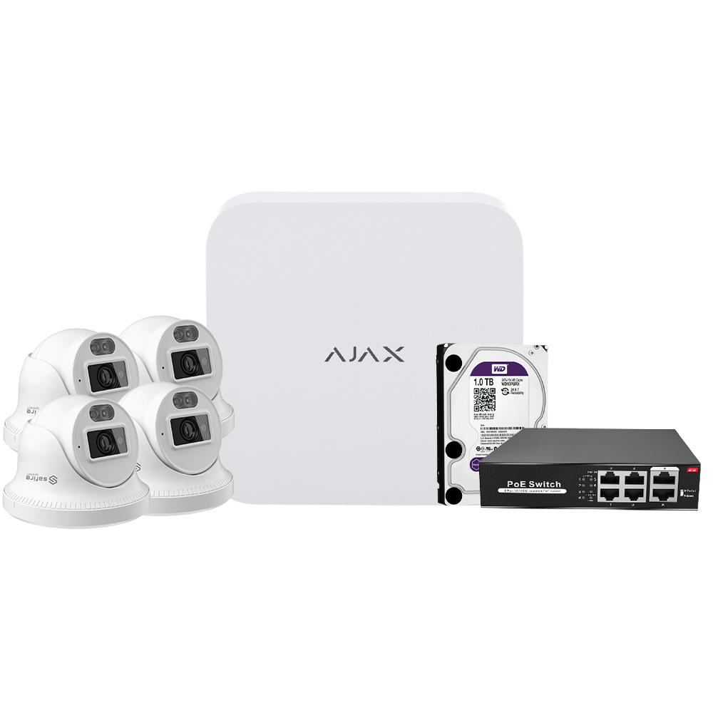 [AJ-NVRKIT108T-4] (AJ-NVRKIT108T-4) Kit de vidéosurveillance Ajax - Enregistreur Ajax de 8 canaux   - 4 caméras Turret de 4 Mpx Safire Smart DualLight - Switch PoE de 4 canaux - Un disque dur de 1 To - Intégration via ONVIF