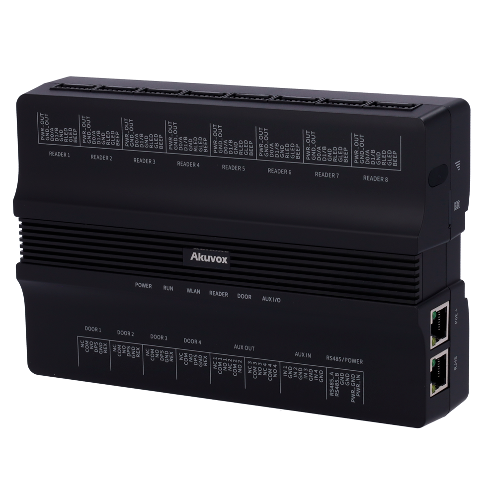 (AK-A095) Controladora de acceso PoE - Tarjeta EM/MF y PIN - 100.000 usuarios | 200.000 registros - 8 lectores por Wiegand | 8 lectores por OSDP - Relé para 4 puertas | WiFi y LTE - Conexión a través de Cloud | Salidas 12V