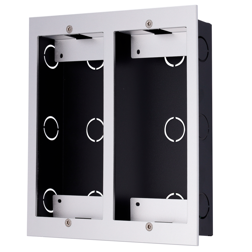 (AK-BR-R20B-F2) Panneau frontal et boîtier encastré - AK-R20B(K)-xB spécifique à Akuvox - AK-MD12(6) spécifique à Akuvox - Écran: 226 (H) x 206 (L) x 3 (Pr) mm - Boîte: 225 (H) x 186 (L) x 40 (Pr) mm - Fabriqué en aluminium et en acier galvanisé