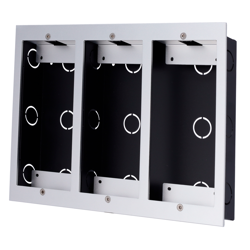 (AK-BR-R20B-F3) Panneau frontal et boîtier encastré - AK-R20B(K)-xB spécifique à Akuvox - AK-MD12(6) spécifique à Akuvox - Écran: 226 (H) x 304 (L) x 3 (Pr) mm - Boîte: 225 (H) x 293 (L) x 42 (Pr) mm - Fabriqué en aluminium et en acier galvanisé