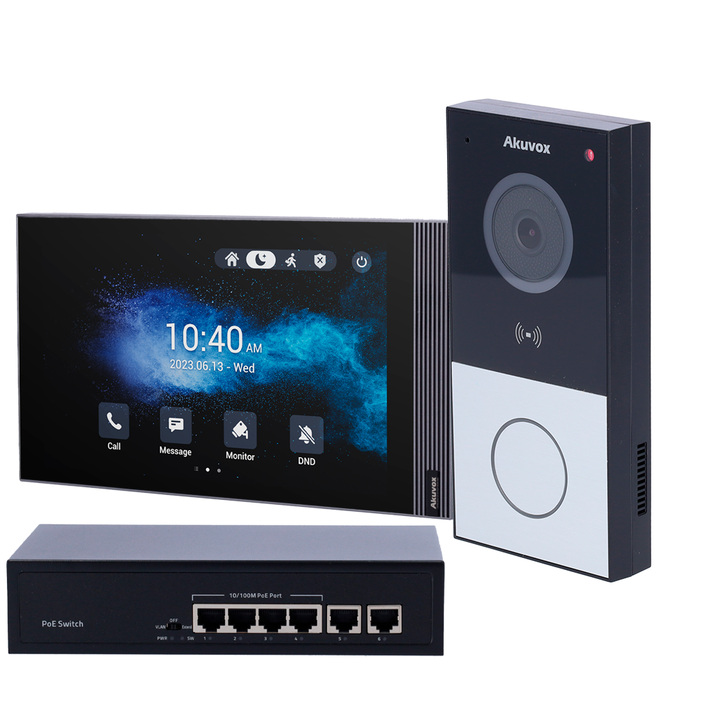 (AK-KIT03-IP) Kit d'interphone vidéo de surface Linux - IP &amp; WiFi | Platine et moniteur - Audio bidirectionnel Crystal Clear - Lecteur MF, NFC et BLE | PoE standard - 1 sortie relais - Connexion via le Cloud