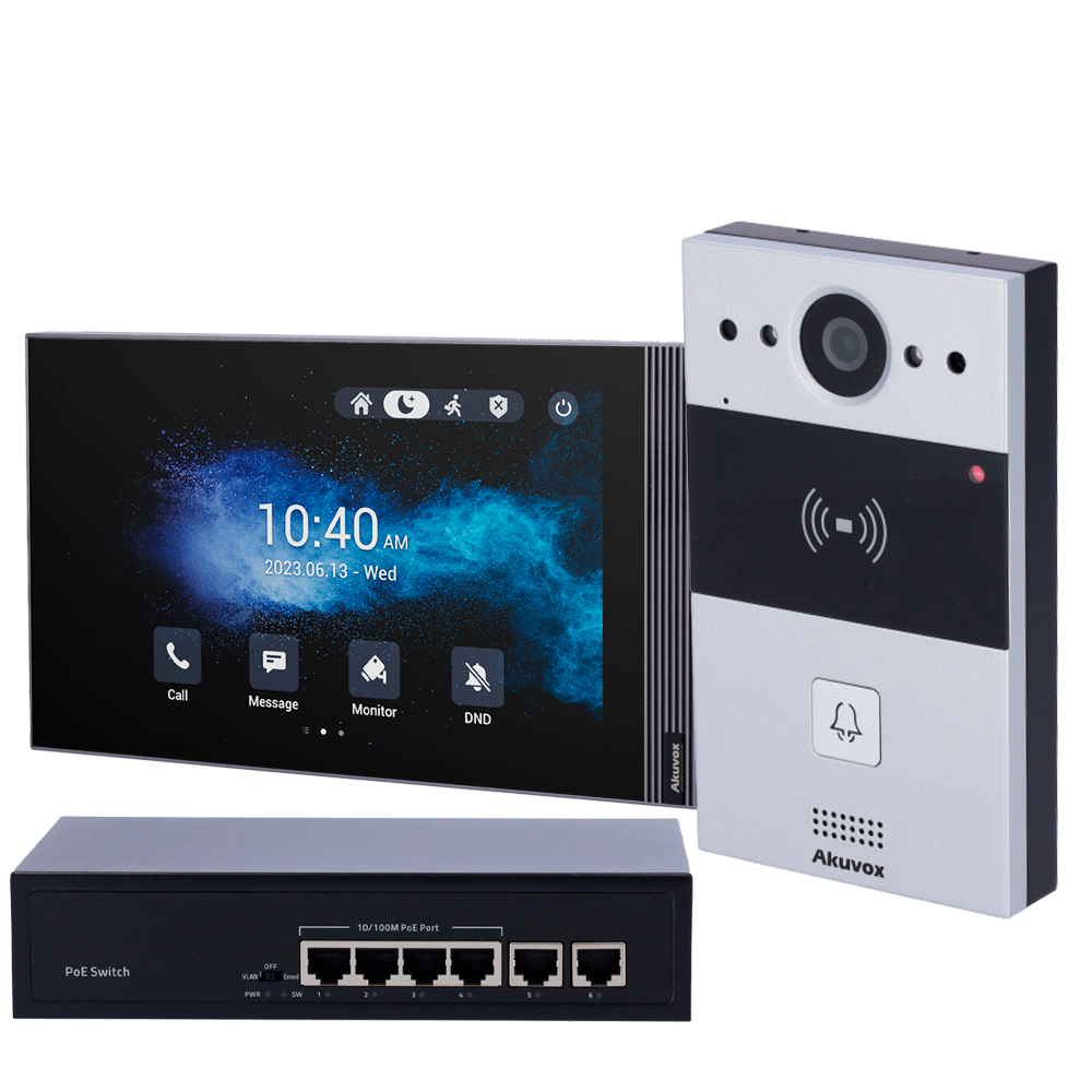 (AK-KIT04-IP) Kit d'interphone vidéo de surface Linux - IP | Platine et moniteur - Audio bidirectionnel Crystal Clear - Lecteur EM/MF et NFC | PoE standard - 2 sorties relais | Maintenance Cloud - Connexion du moniteur et des platines via le Cloud