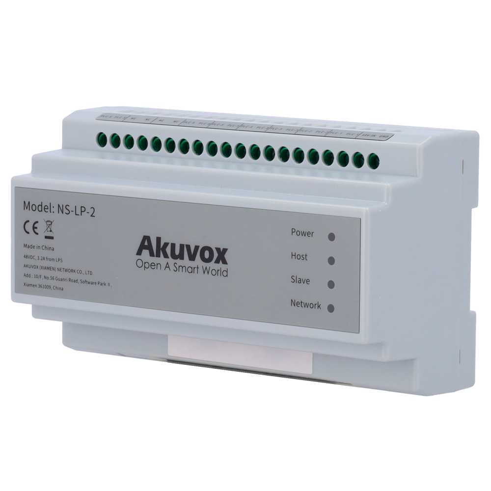 [AK-NS-LP-2] (AK-NS-LP-2) Distributeur pour bâtiments 2 fils LP - 6 groupes de 2 fils LP - TCP/IP avec RJ45 - Alimente les dispositifs à 2 fils LP - Connexion des distributeurs en cascade - Montage sur rail DIN