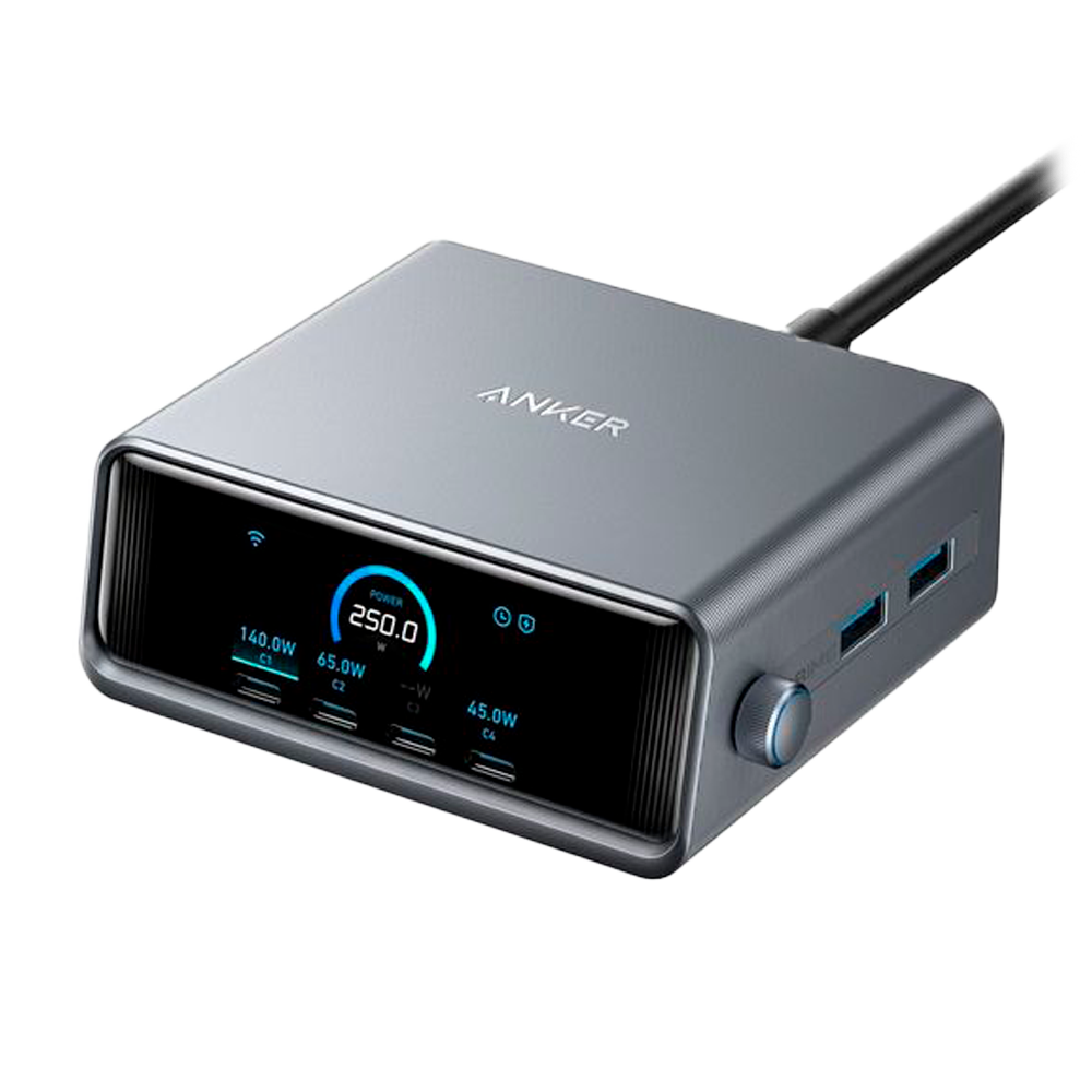 (ANK-234-WCHARGER-250W2A4C-B) Anker - Chargeur de bureau - Puissance 250W - Sorties 4x USB-C, 2x USB-A - Charge 4 dispositifs à la fois - Écran LCD : technologie GaNPrime