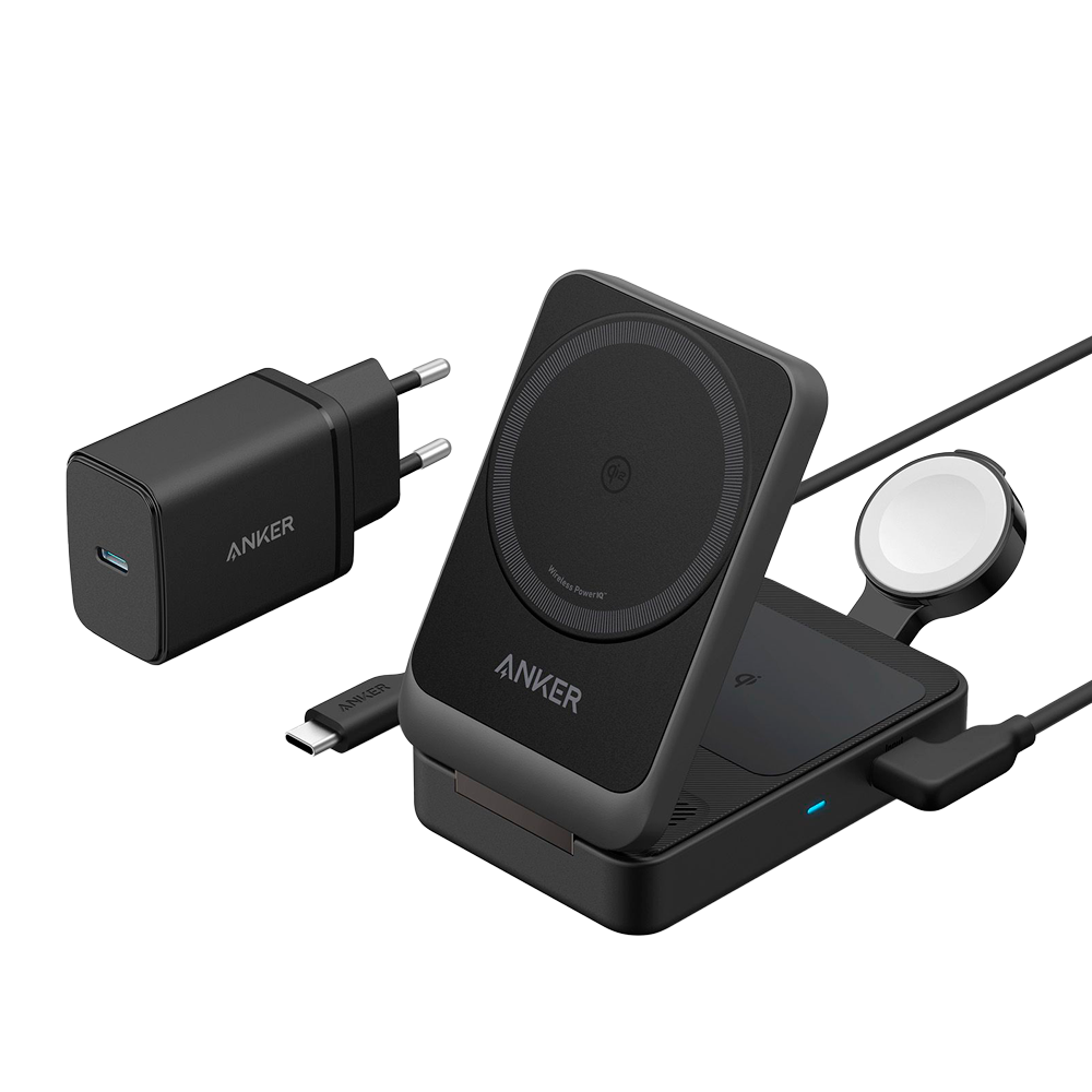 [ANK-2557-3-IN-1-B] (ANK-2557-3-IN-1-B) Chargeur sans fil 3 chez 1 Anker - Technologie Magsafe - Charge rapide: iPhone, Airpods, Apple Watch - Charge 3 dispositifs à la fois - Accepte le mode portrait ou paysage - Pliable : Noir