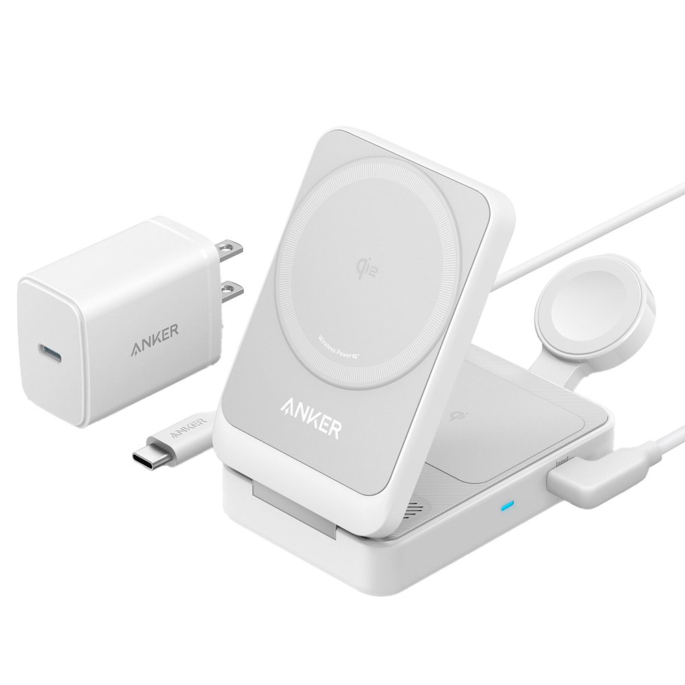 [ANK-2557-3-IN-1-W] (ANK-2557-3-IN-1-W) Chargeur sans fil 3 chez 1 Anker - Technologie Magsafe - Charge rapide: iPhone, Airpods, Apple Watch - Charge 3 dispositifs à la fois - Accepte le mode portrait ou paysage - Pliable : Blanc